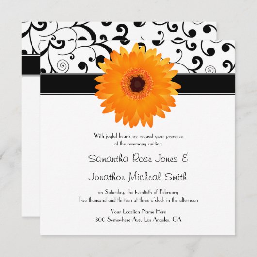Oranje Gerbera Daisy Black Scroll Design Wedding Kaart (Voorkant / Achterkant)