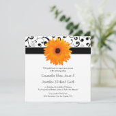 Oranje Gerbera Daisy Black Scroll Design Wedding Kaart (Staand voorkant)