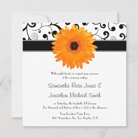Oranje Gerbera Daisy Black Scroll Design Wedding Kaart (Voorkant)