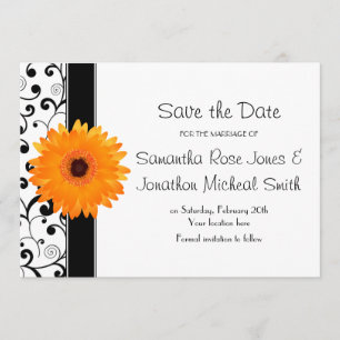 Oranje Gerbera Daisy Black Scroll Save the Date