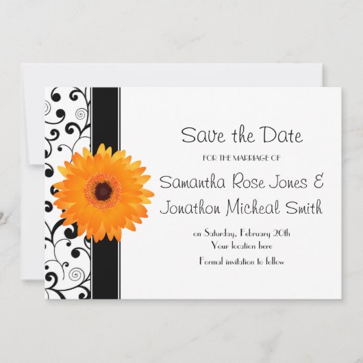 Oranje Gerbera Daisy Black Scroll Save the Date (Voorkant)