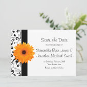 Oranje Gerbera Daisy Black Scroll Save the Date (Staand voorkant)