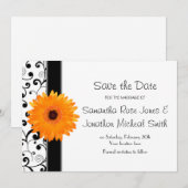 Oranje Gerbera Daisy Black Scroll Save the Date (Voorkant / Achterkant)