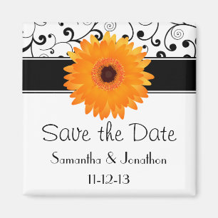 Oranje Gerbera Daisy Black Scroll Save the Date Magneet
