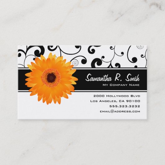 Oranje Gerbera Daisy Black & White Scroll Visitekaartje (Voorkant)