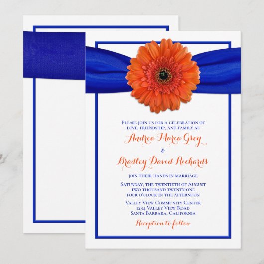 Oranje Gerbera Daisy Blue Wedding Uitnodiging (Voorkant / Achterkant)