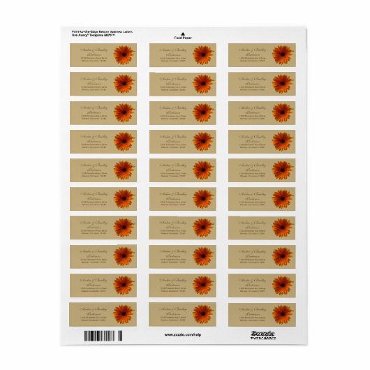 Oranje Gerbera Daisy Bruiloft Retouradres Labels (Full Sheet)