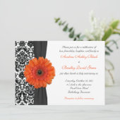 Oranje Gerbera Daisy Damask Wedding Invitation Kaart (Staand voorkant)