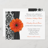 Oranje Gerbera Daisy Damask Wedding Invitation Kaart (Voorkant / Achterkant)
