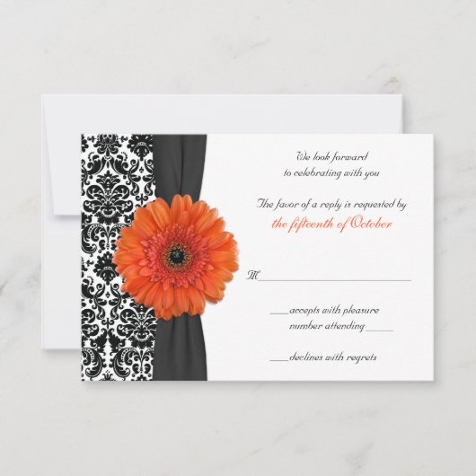 Oranje Gerbera Daisy Damask Wedding Reply Kaart (Voorkant)