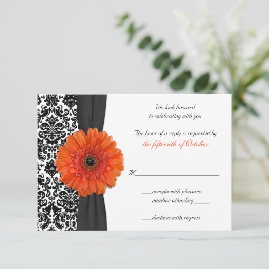 Oranje Gerbera Daisy Damask Wedding Reply Kaart (Staand voorkant)