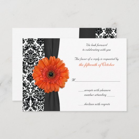 Oranje Gerbera Daisy Damask Wedding Reply Kaart (Voorkant / Achterkant)