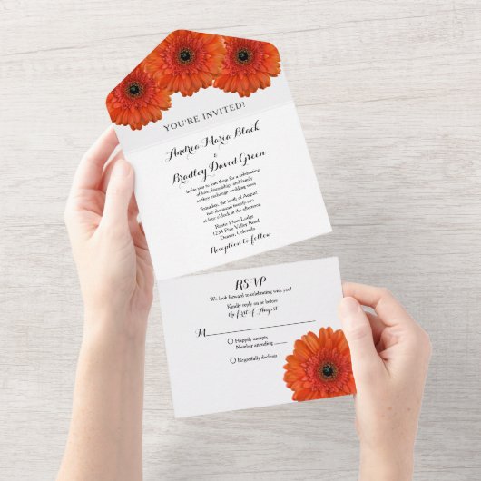 Oranje Gerbera Daisy Floral Wedding RSVP All In One Uitnodiging (Afscheurbaar)
