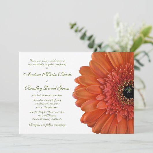 Oranje Gerbera Daisy Flower Wedding Invitation Kaart (Staand voorkant)