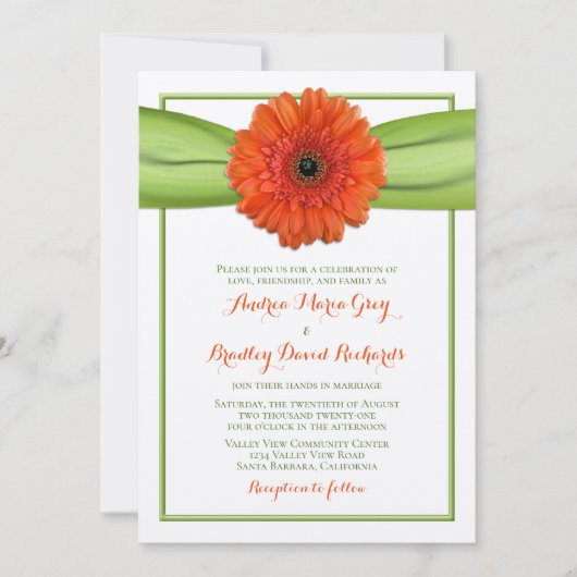 Oranje Gerbera Daisy Green Wedding Invitation Kaart (Voorkant)