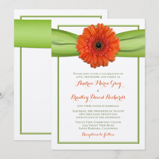Oranje Gerbera Daisy Green Wedding Invitation Kaart (Voorkant / Achterkant)
