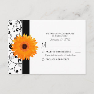 Oranje Gerbera Daisy met Black Scroll Design RSVP Kaartje