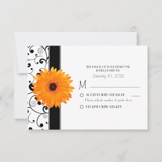 Oranje Gerbera Daisy met Black Scroll Design RSVP Kaartje (Voorkant)