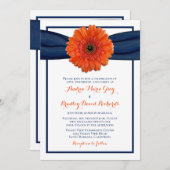 Oranje Gerbera Daisy Navy Wedding Invitation Kaart (Voorkant / Achterkant)