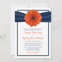 Oranje Gerbera Daisy Navy Wedding Invitation