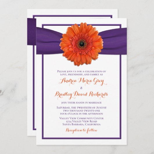 Oranje Gerbera Daisy Paars Wedding Uitnodiging (Voorkant / Achterkant)
