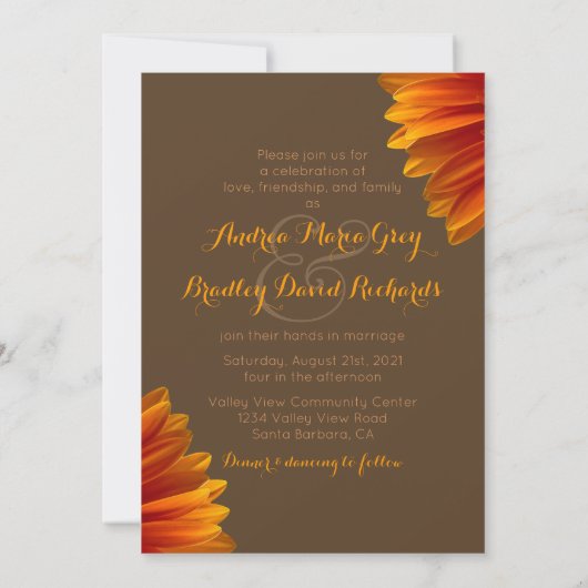 Oranje Gerbera Daisy Wedding Invitation - Bruin Kaart (Achterkant)