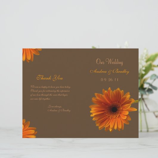 Oranje Gerbera Daisy Wedding Programme (Staand voorkant)