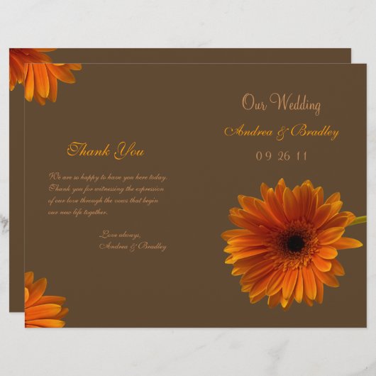 Oranje Gerbera Daisy Wedding Programme (Voorkant / Achterkant)