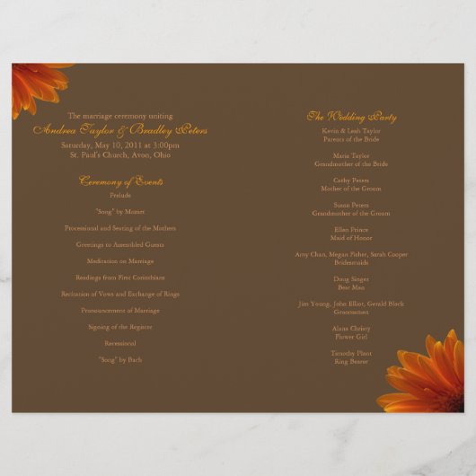 Oranje Gerbera Daisy Wedding Programme (Achterkant)