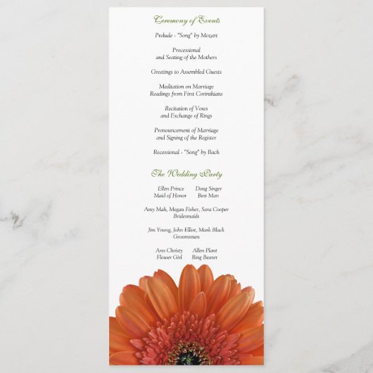 Oranje Gerbera Daisy Wedding Programme Programmakaart (Achterkant)