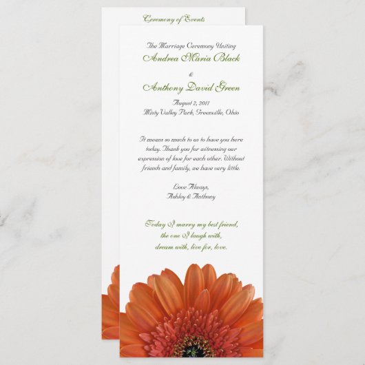Oranje Gerbera Daisy Wedding Programme Programmakaart (Voorkant / Achterkant)