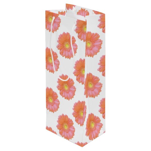Oranje gerbera daisy wijn cadeautas (Achterkant Gekanteld)