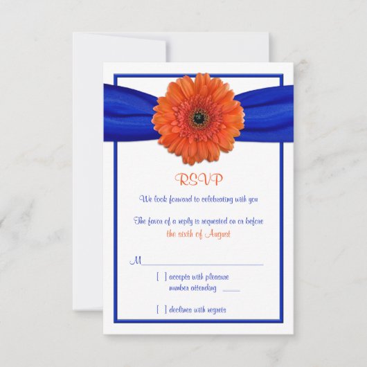 Oranje Gerbera Madeliefje Blauwe Huwelijksreactiek RSVP Kaartje (Voorkant)