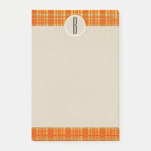Oranje geruit & bruin Kraft landelijk monogram ini Post-it® Notes (Voorkant)
