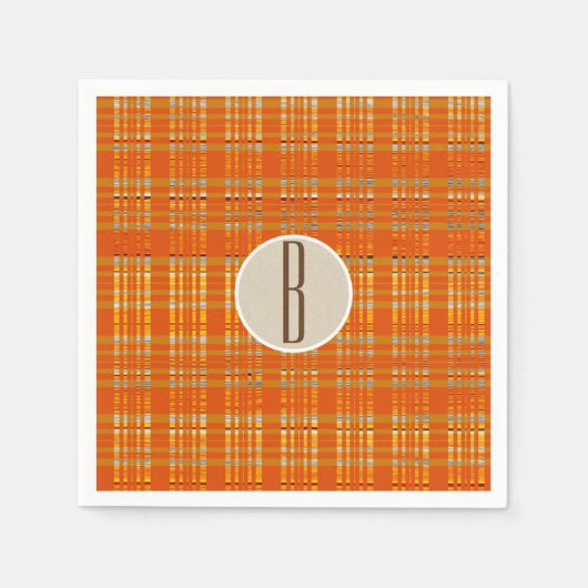Oranje geruit & bruin kraft rustieke monogram init servetten (Voorkant)