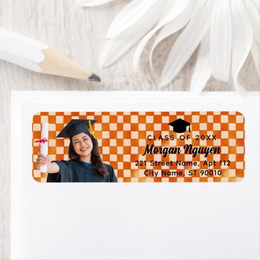 Oranje geruite aangepaste foto afstudeeradres etiket (Insitu)