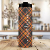 Oranje geruite herfst handtekening script naam thermosbeker
