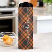 Oranje geruite herfst handtekening script naam thermosbeker