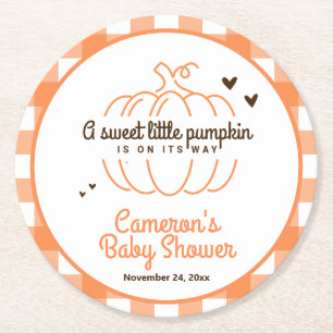Oranje geruite kleine pompoen herfst baby shower ronde kartonnen onderzetter