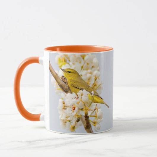 Oranje-Gesneden Warbler Amid de Cherry Blossom Mok (Links)