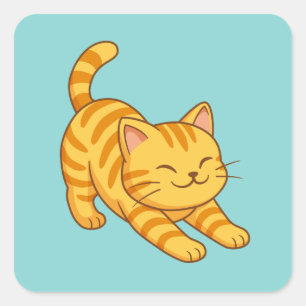 Oranje gestreepte kat groen uitrekkend vierkante sticker