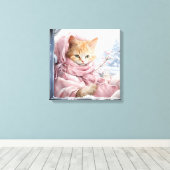 Oranje gestreepte kat in een raam canvas afdruk (Insitu (Houten vloer))