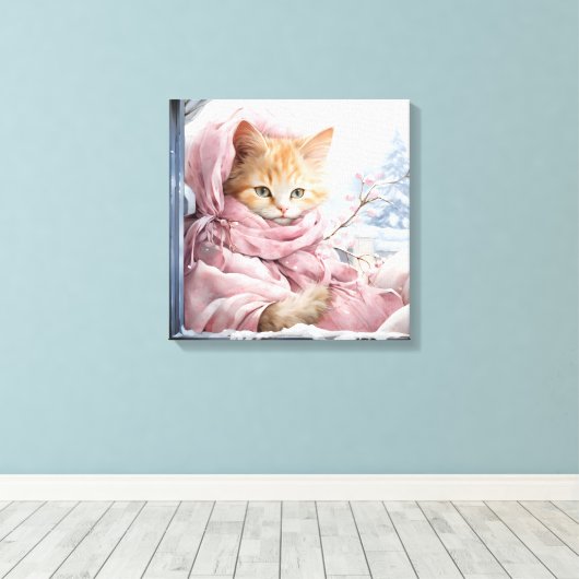 Oranje gestreepte kat in een raam canvas afdruk (Insitu (Houten vloer))