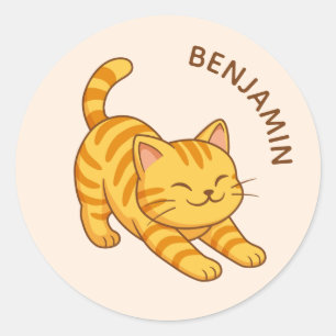 Oranje gestreepte kat met beige naam Stretching Ronde Sticker