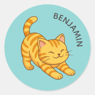 Oranje gestreepte kat met groene aangepaste naam s ronde sticker