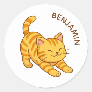 Oranje gestreepte kat met naam op maat ronde sticker