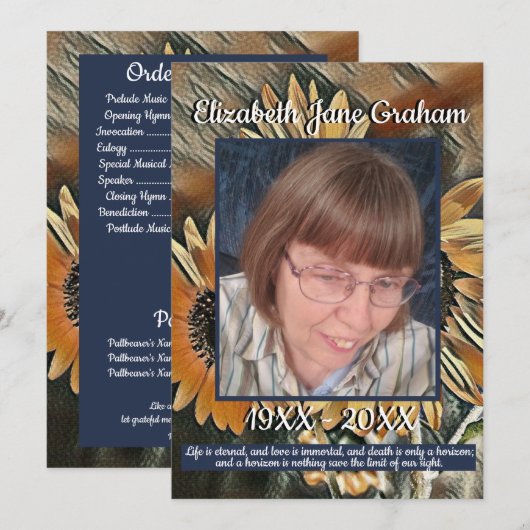 Oranje getinte zonnebloemkunst | Foto | Begrafenis Programmakaart (Voorkant / Achterkant)