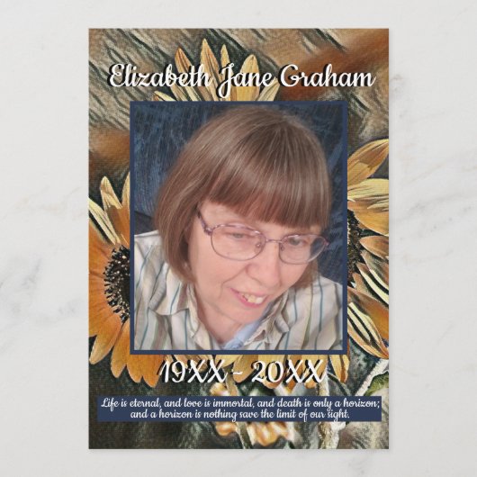 Oranje getinte zonnebloemkunst | Foto | Begrafenis Programmakaart (Voorkant)