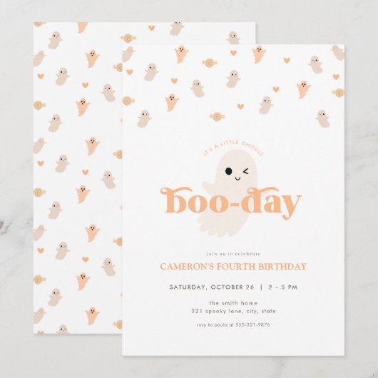 Oranje Ghost Halloween Verjaardagsuitnodiging Kaart (Voorkant / Achterkant)