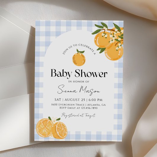 Oranje Gingham Citrus Baby Shower Kaart